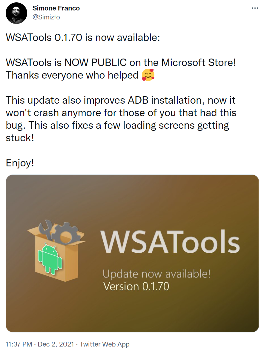 Windows 11 安卓子系统本地安装 APK 应用 WSATools 已重新上架微软应用商店，并推出 0.1.70 版本